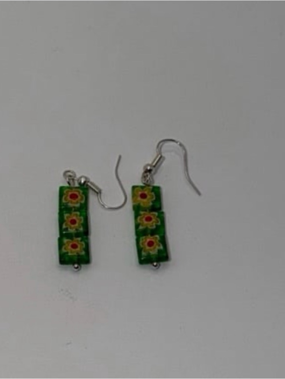 Millefiori Designed Flat, Colorful, and Square Green Glass Bead Earrings